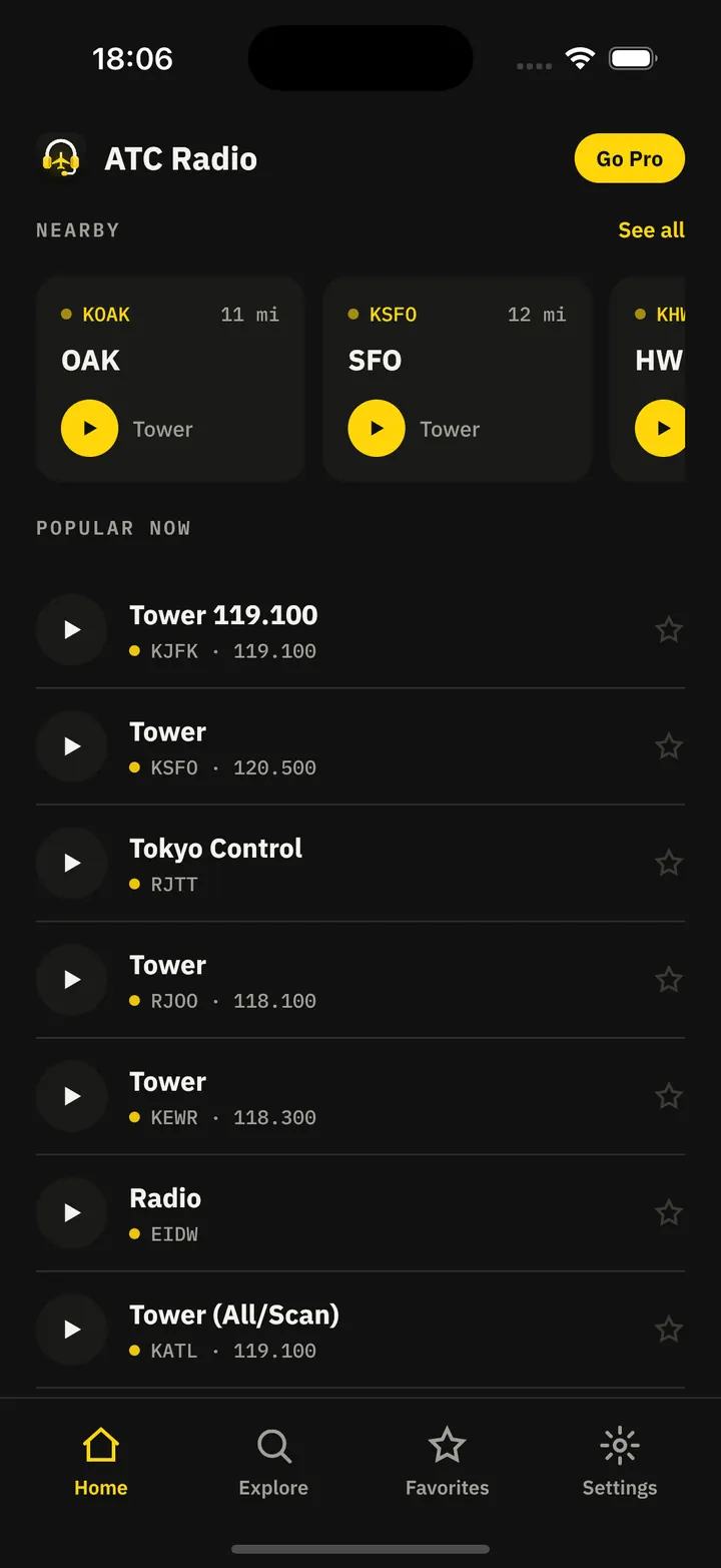 ATC Radio home with nearby airports and popular channels