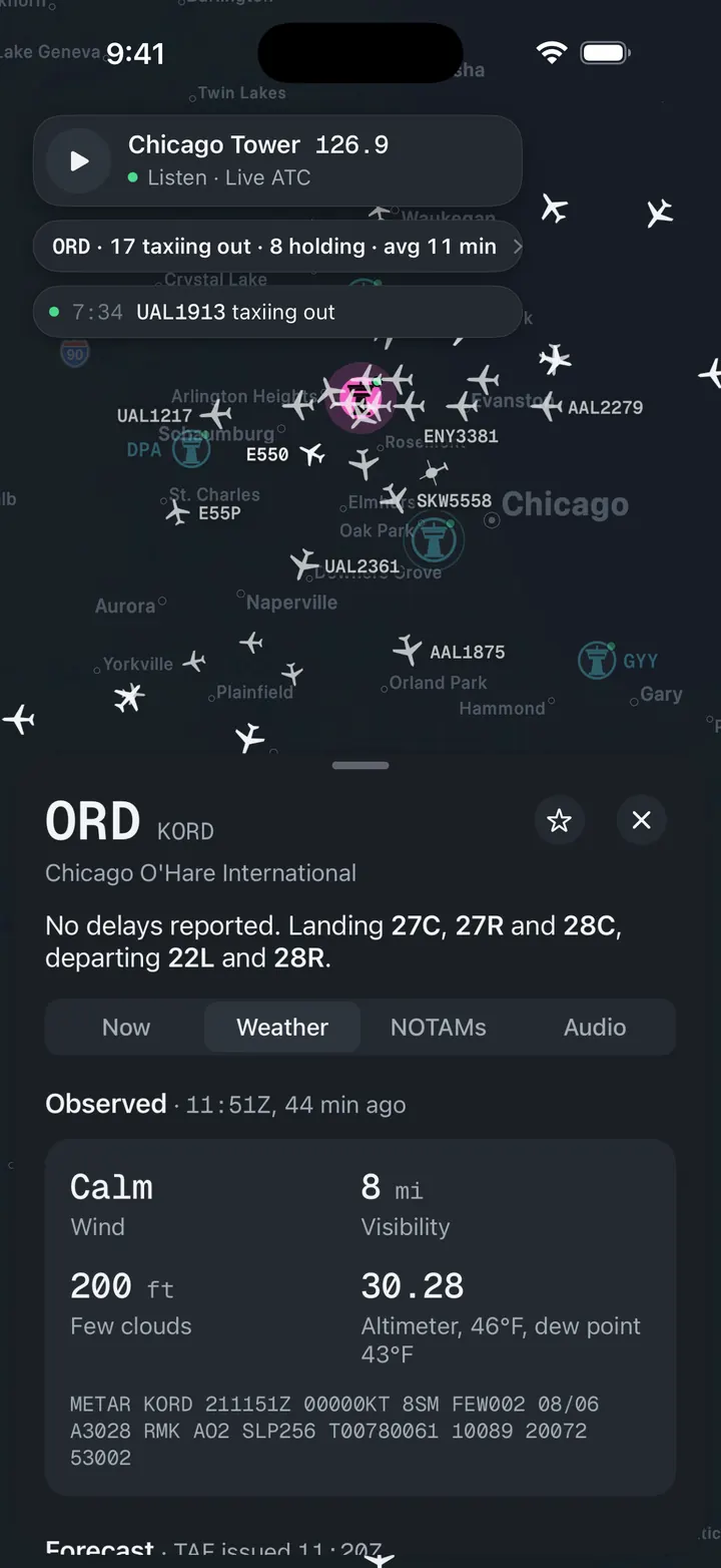 Cockpit airport weather tab with decoded METAR and TAF