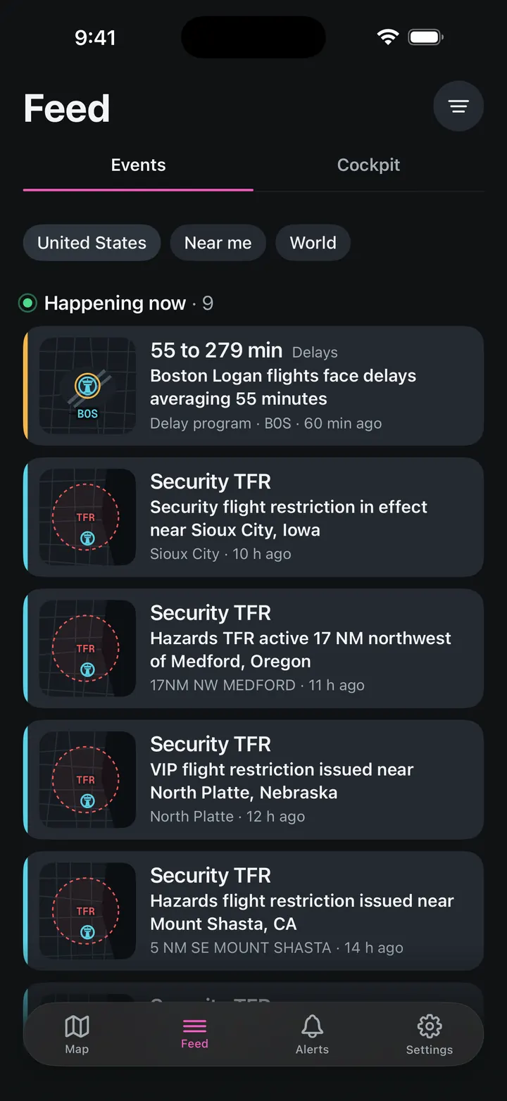 Cockpit events feed with TFRs